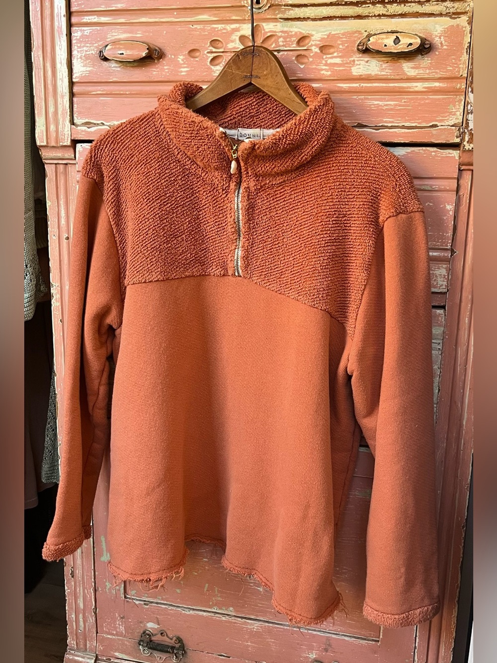 DONNI Orange Rust USA Cotton Terry Pearl Half Zip Sweater Sweatshirt L